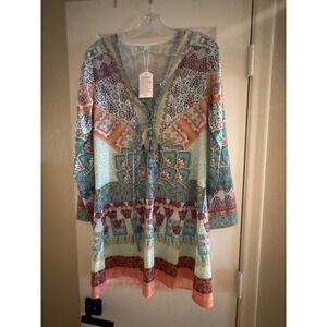 Bohemian Print V Neck Lace Up Tunic Dress Women's Size Small